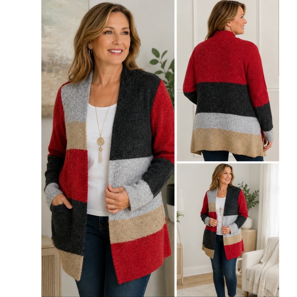 Alfred Dunner Petite Colorblock Open Front Cardigan Red Grey Tan PM Grandmacore‎